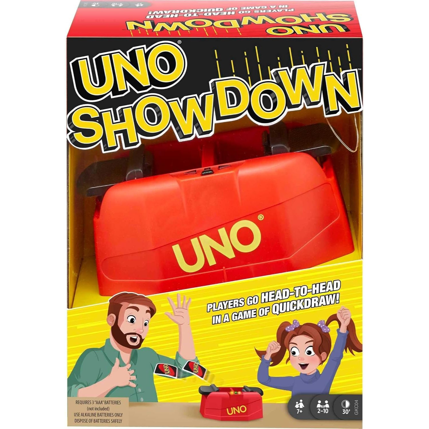 Juego UNO Showdown rojo, vista frontal, conjunto de cartas de juego para diversión en familia